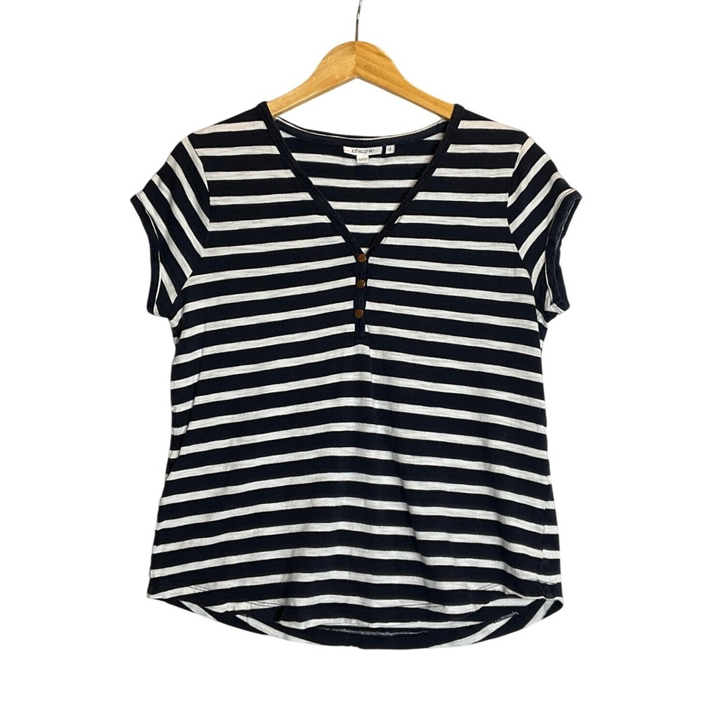 Chicos Blue White Striped Boxy Top Popover V-Neck Buttons Short Sleeve Jersey M